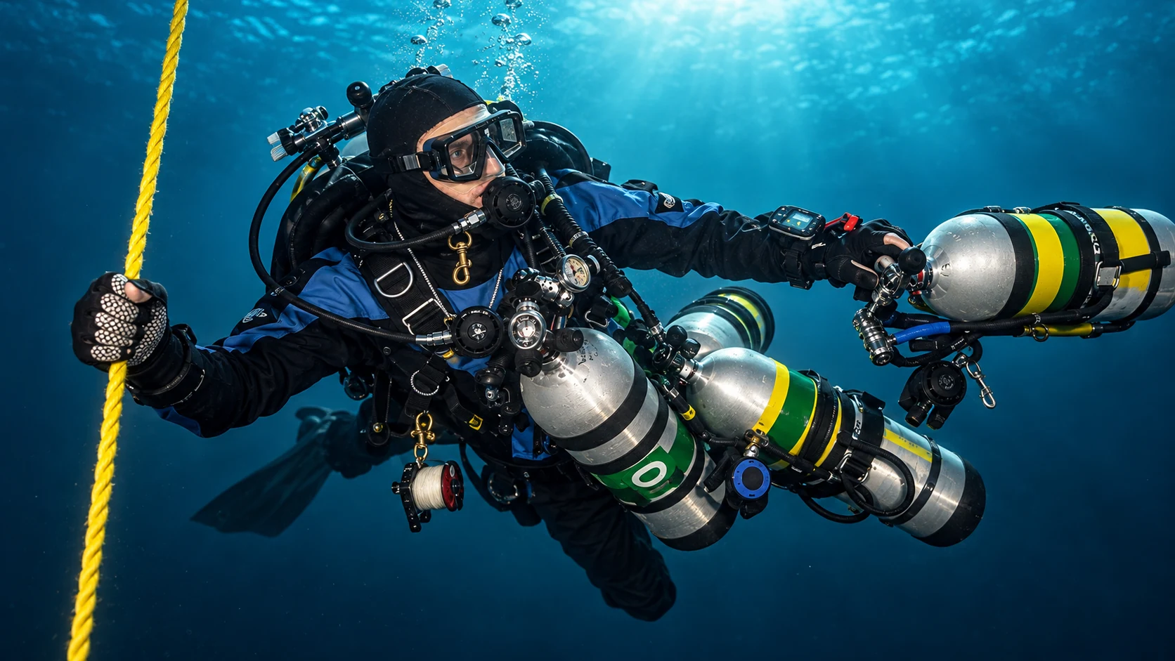 Technical diver on a guide line carrying multiple stage cylinders as a visual introduction to advanced decompression theory