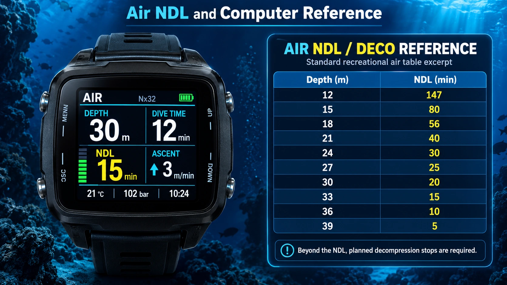Illustrative dive computer beside an air no-decompression limit reference table