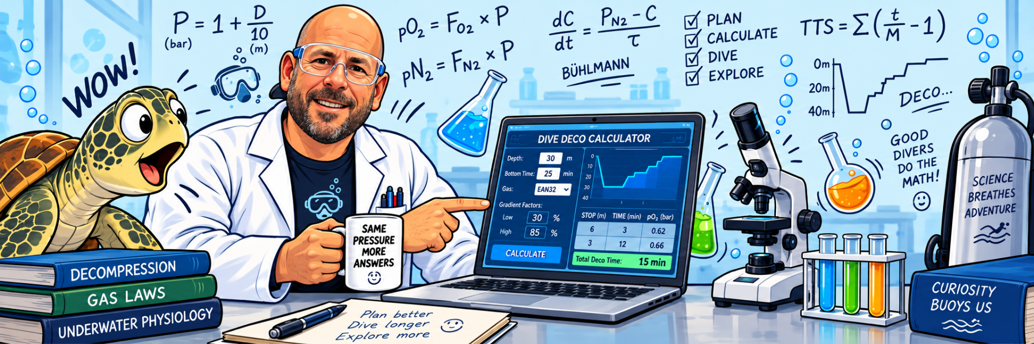 Comic dive science laboratory with calculator, formulas, microscope and amazed sea turtle