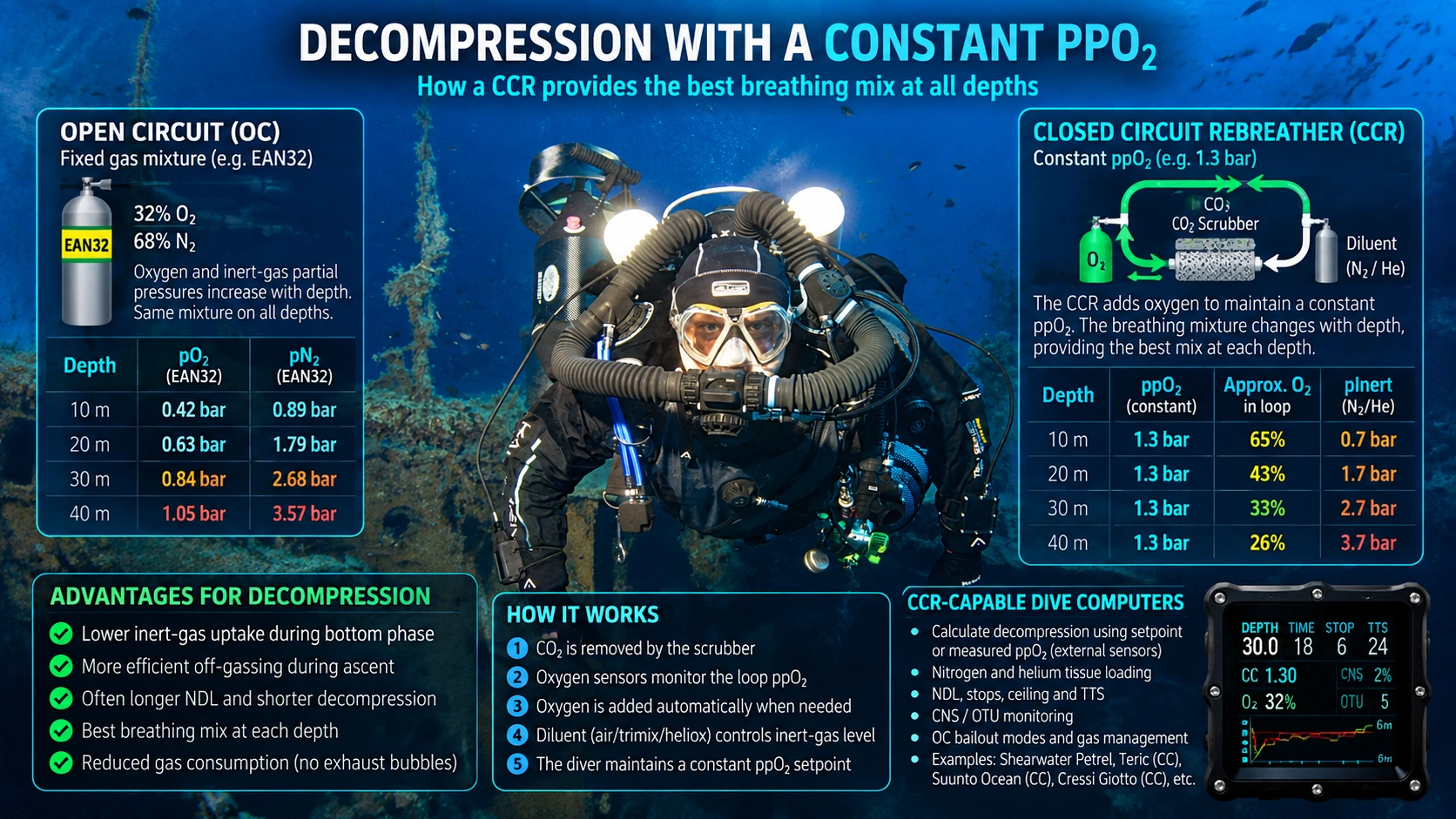 Conceptual underwater infographic comparing fixed-mixture open circuit diving with constant-oxygen-partial-pressure CCR diving