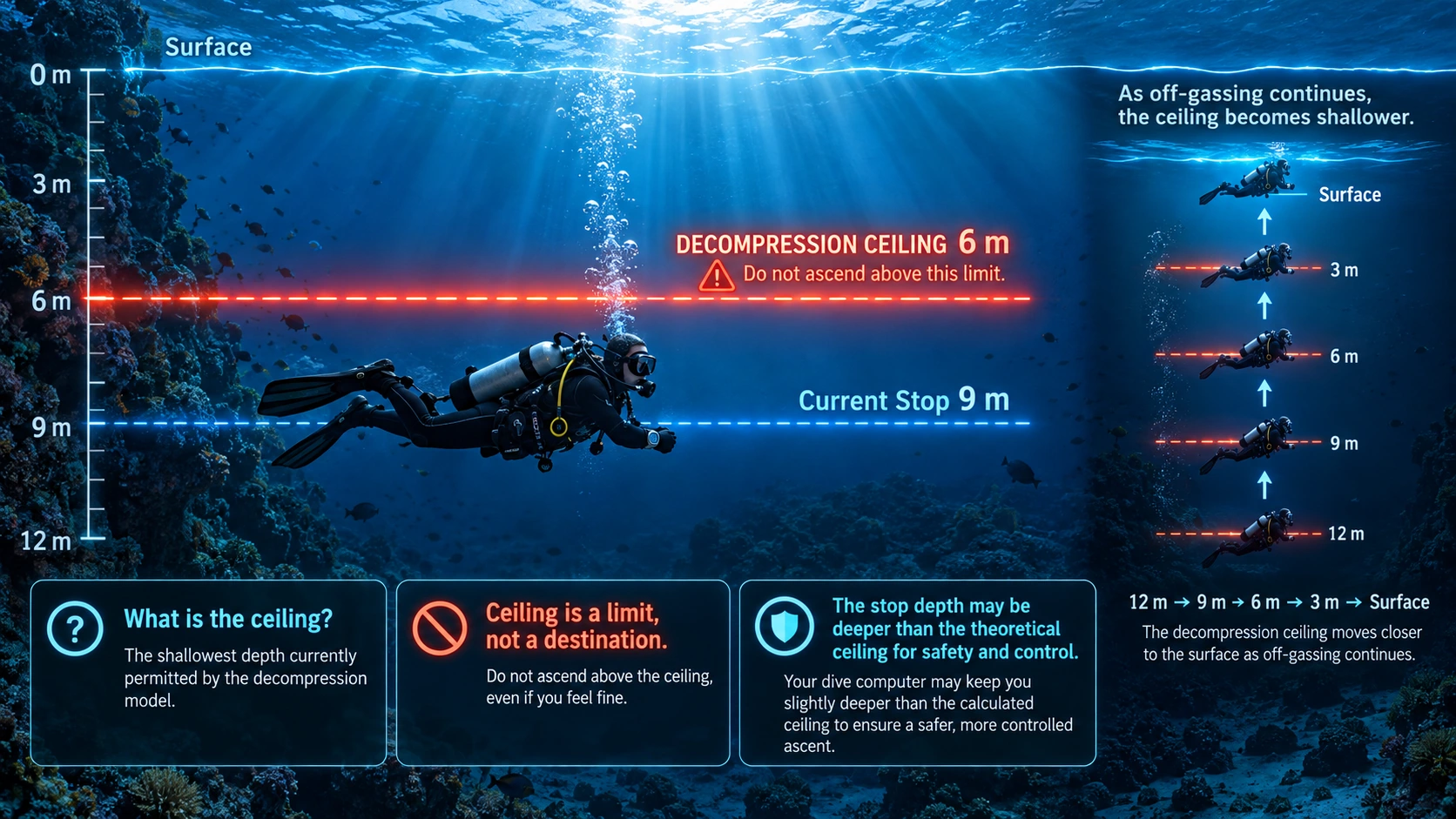 Decompression ceiling illustration with a diver at a 9 metre stop below a 6 metre ceiling, showing how the ceiling becomes shallower