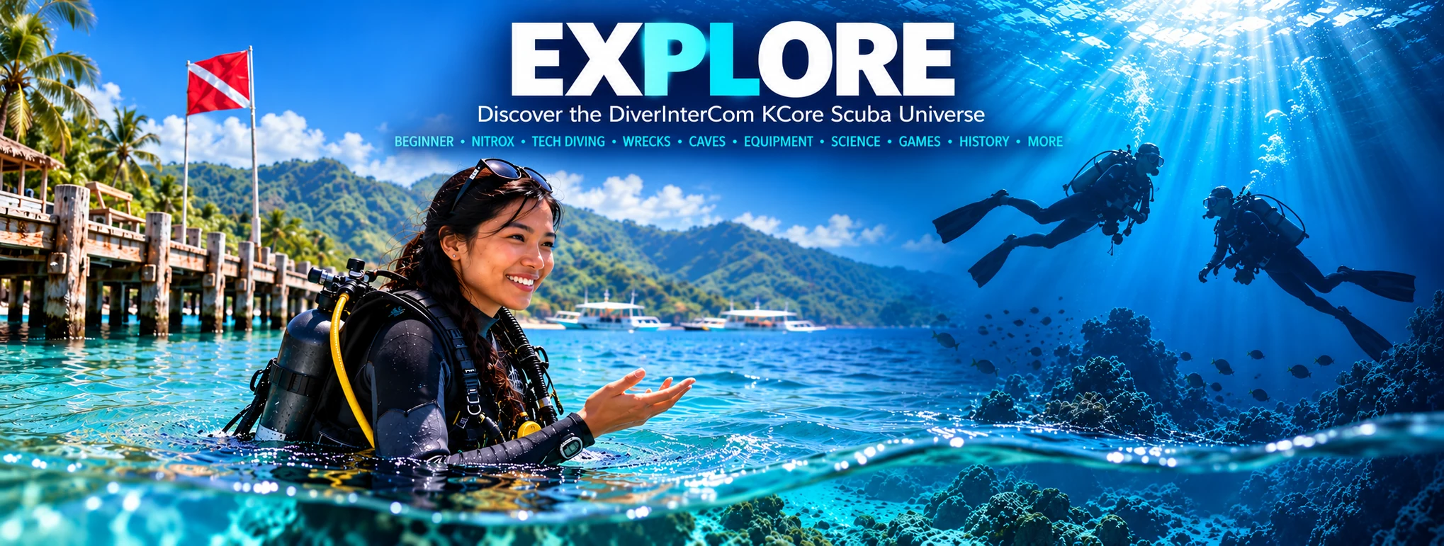 EXPLORE the DiverInterCom KCore Scuba Universe: Filipina scuba instructor by a tropical pier and two underwater divers