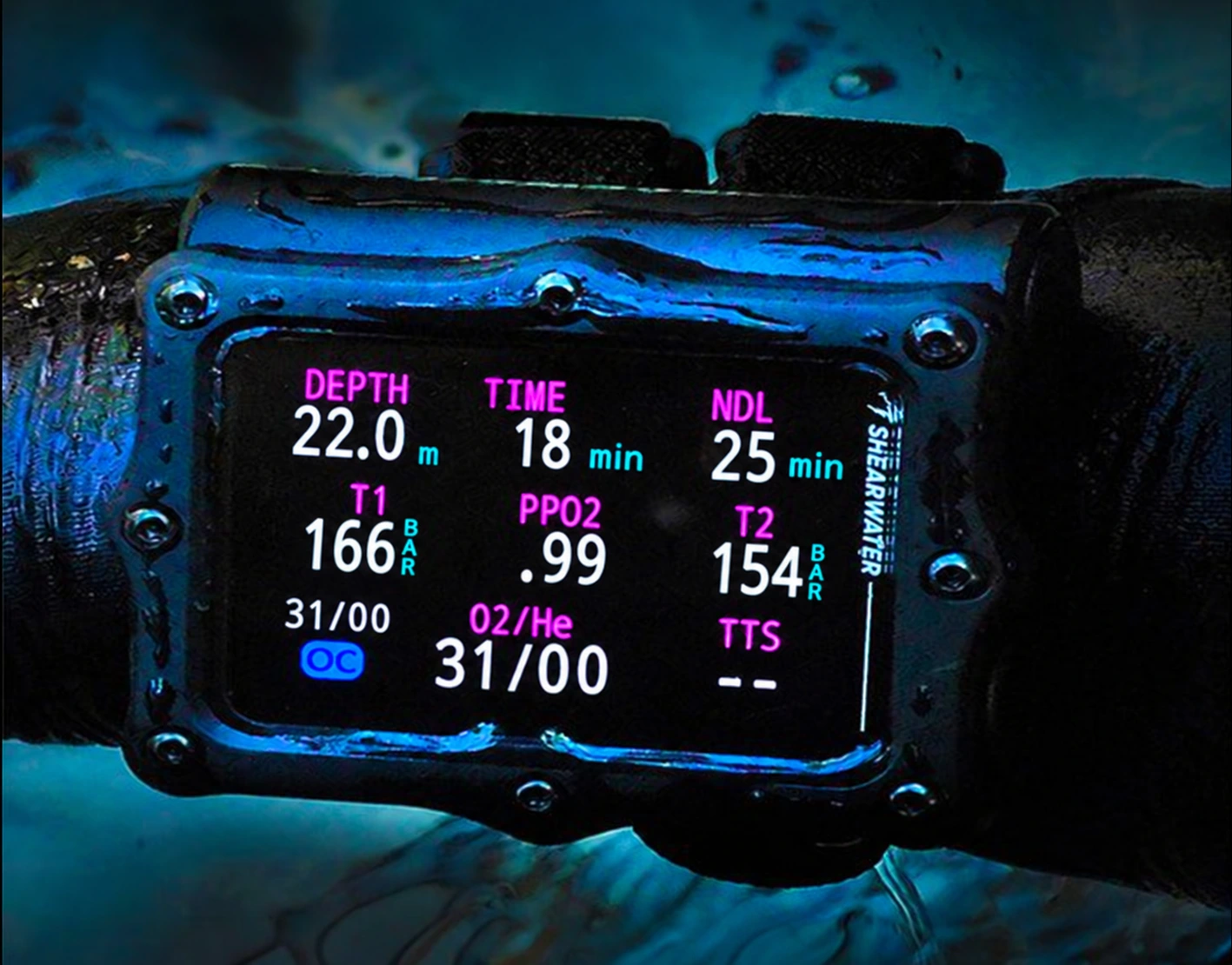 Illustrative Shearwater-style dive computer screen displaying a 22 metre no-decompression dive, elapsed dive time and remaining NDL
