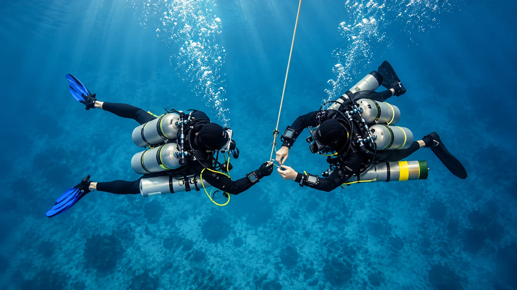 Two technical divers with multiple cylinders holding station at a descent and decompression line in clear blue water