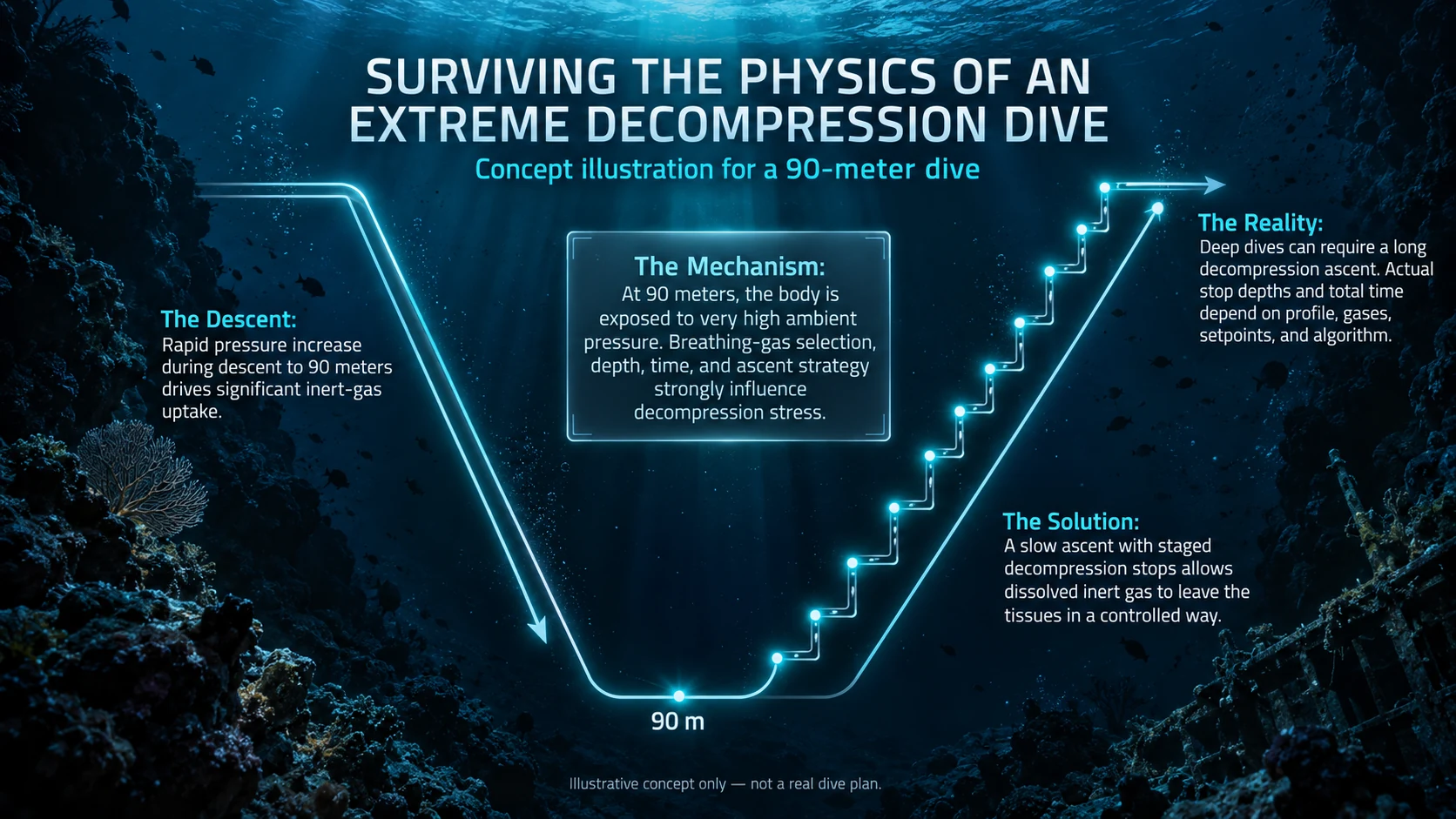 Conceptual 90 metre deep dive profile illustrating a descent followed by multiple staged decompression stops