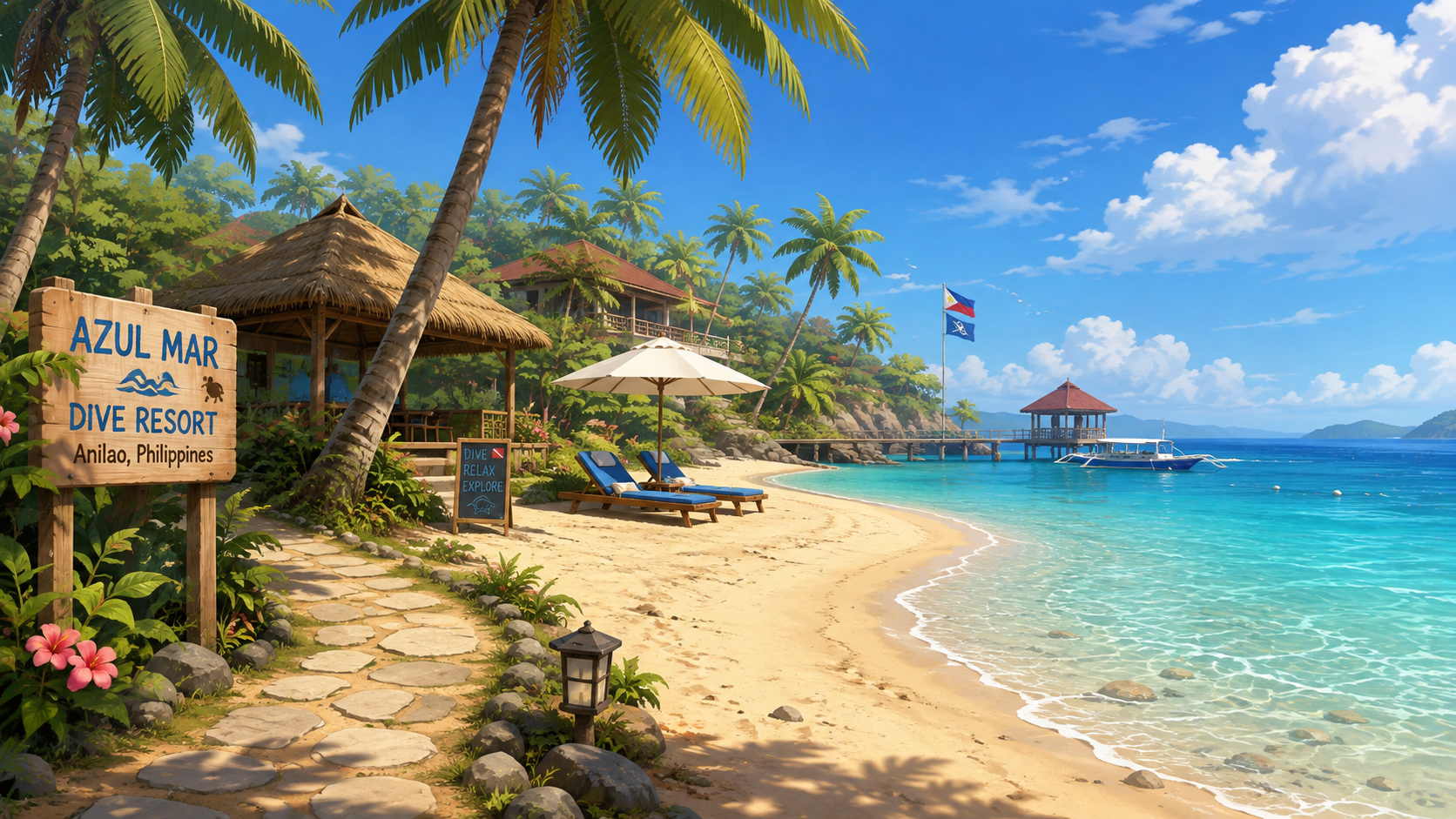 Tropical dive resort scene from the Scuba Adventure Game
