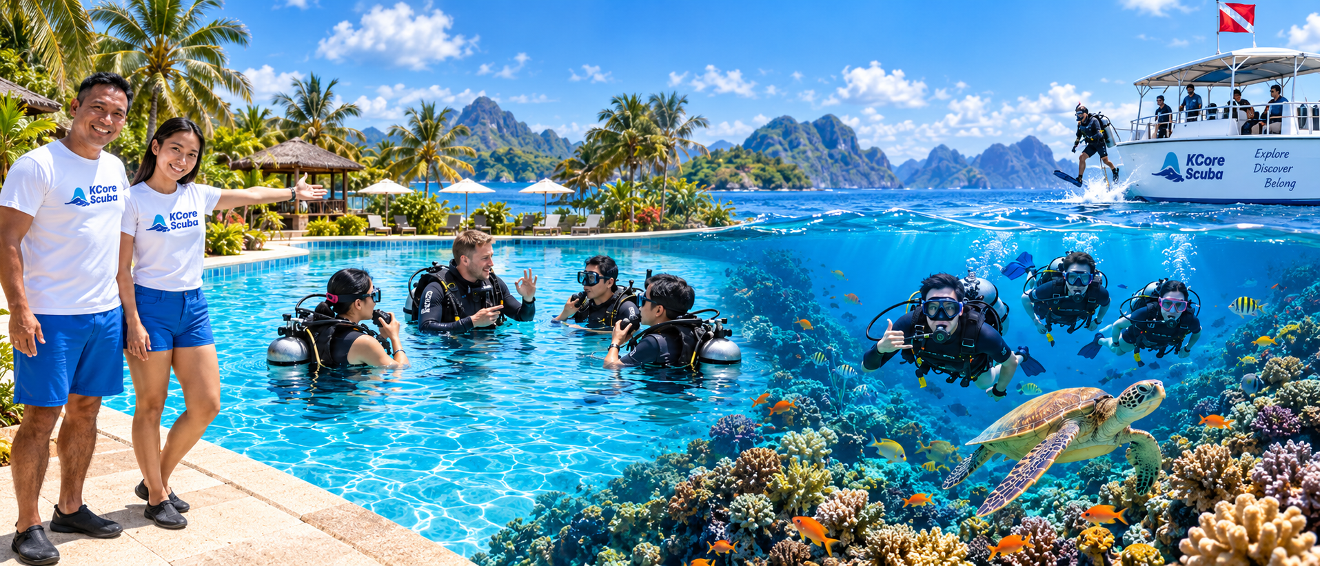 KCore Scuba instructors, pool training, recreational divers, reef, sea turtle and dive boat