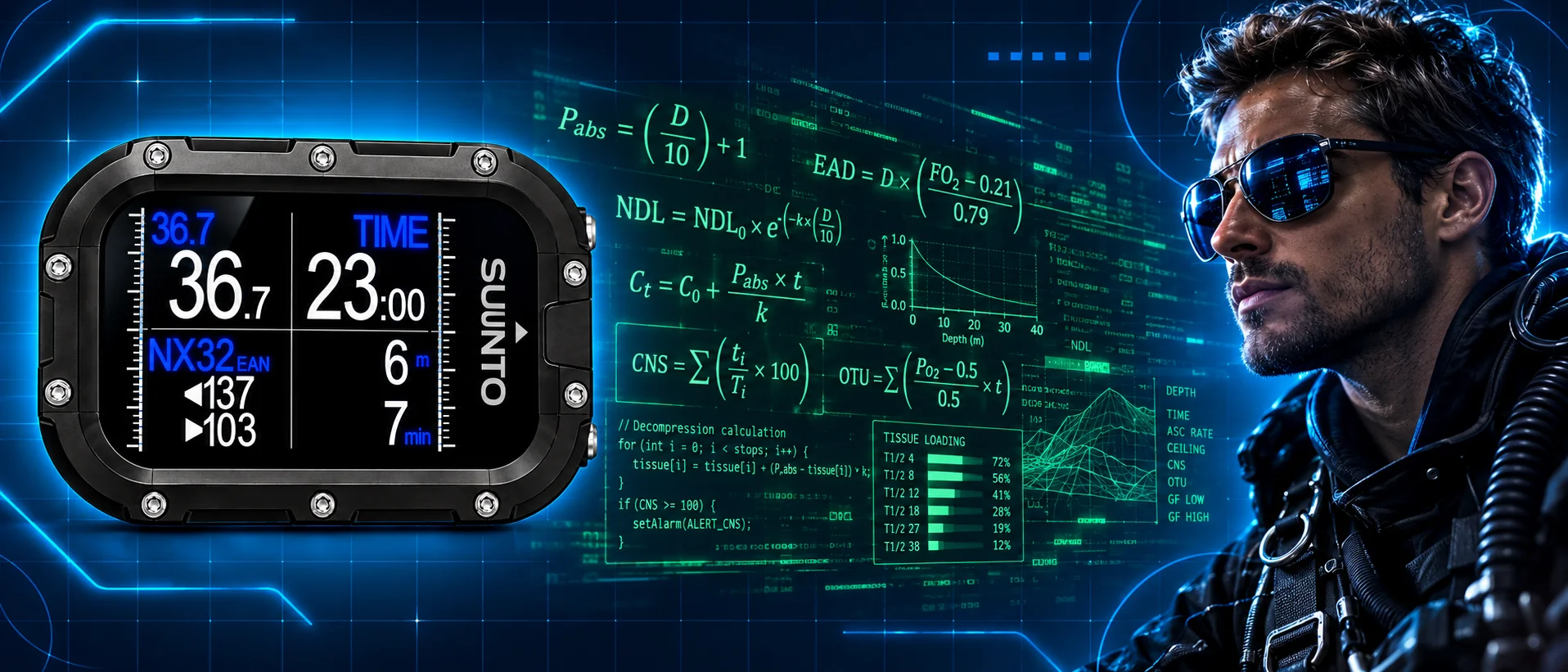 KCore Copilot banner with Suunto dive computer, pilot and green digital formulas