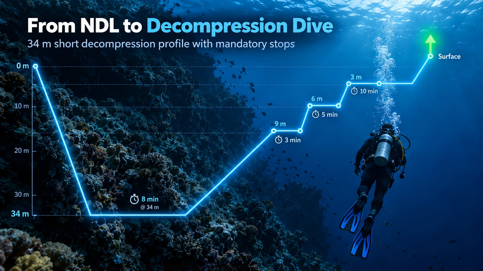 Underwater infographic showing a 34 metre short decompression dive profile with mandatory stops and a safe ascent to the surface