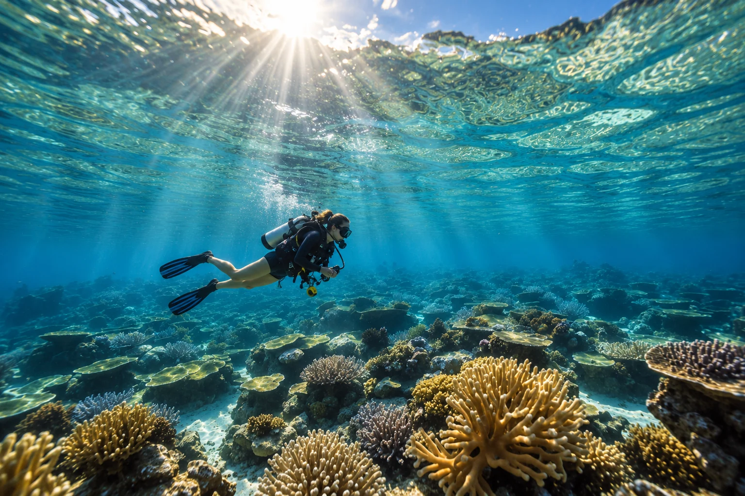Realistic female scuba diver swimming over a sunlit tropical coral reef