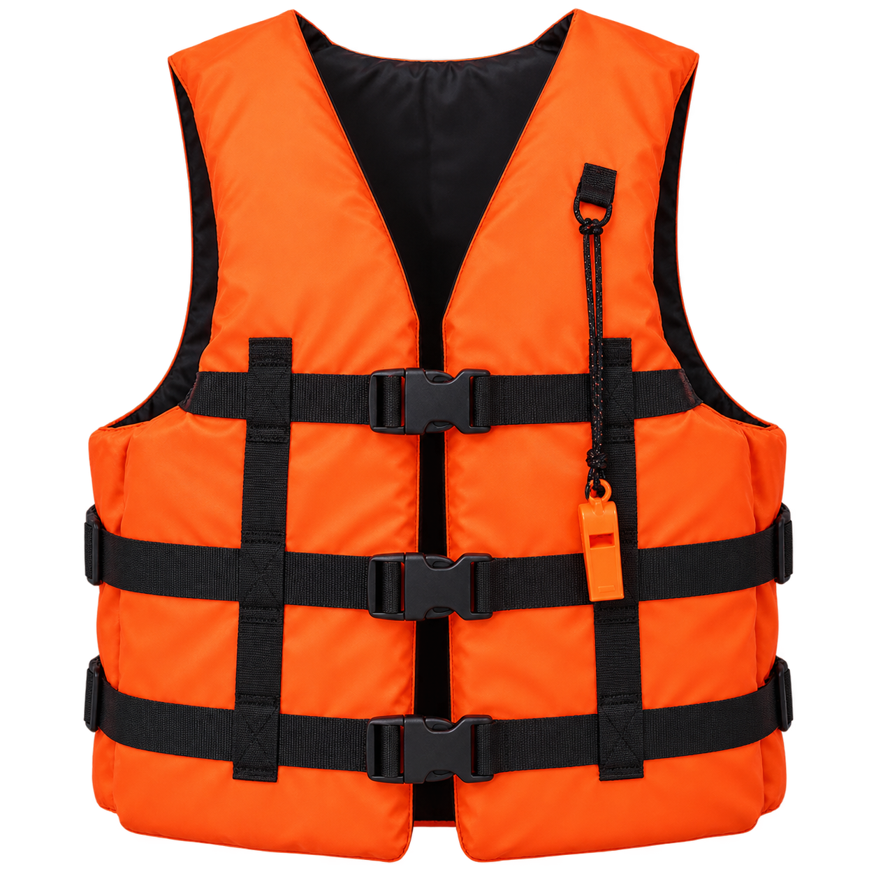 Orange life vest with whistle on a transparent background