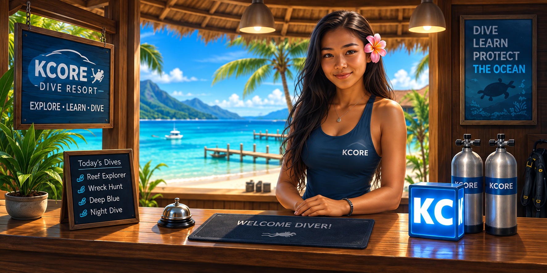 DiverInterCom KCore Dive Resort welcome desk and tropical dive resort