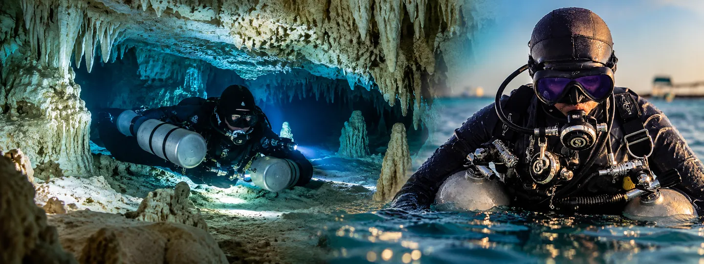 Modern sidemount cave exploration and a diver at the surface.