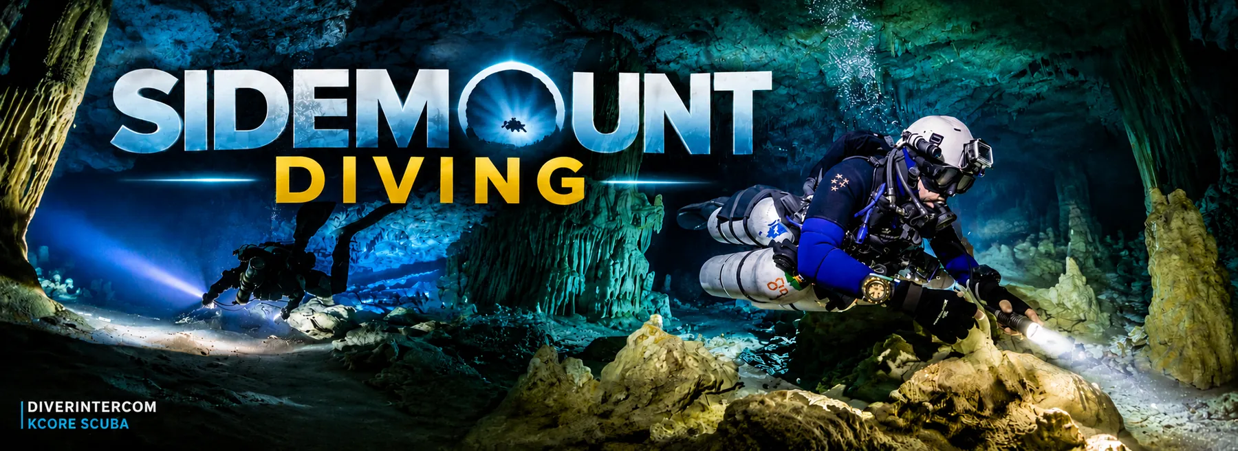 Sidemount Diving — two technical cave divers exploring a blue-lit limestone cave, DiverInterCom KCore Scuba banner
