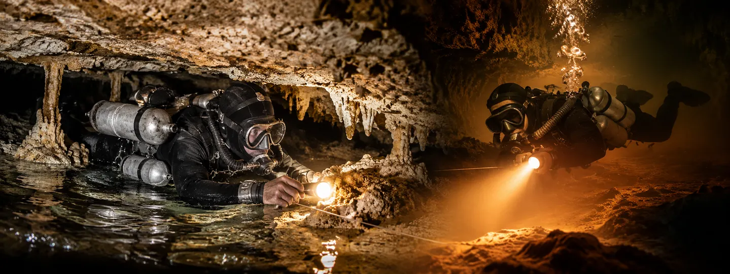 Artistic illustration of early sump exploration; equipment is not a historically accurate reconstruction.
