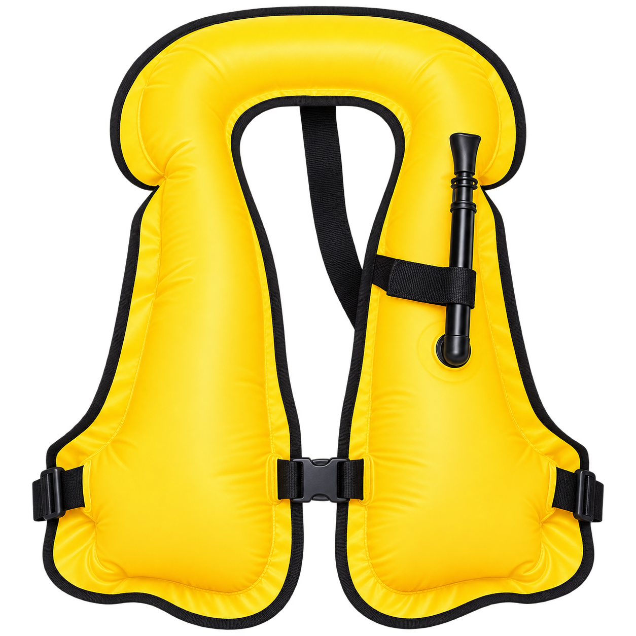 Orange snorkel vest with inflator hose on a transparent background