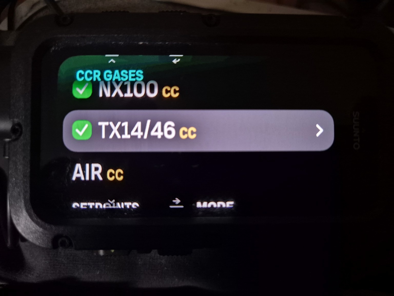 Suunto Nautic CCR gases list showing TX14/46 CC